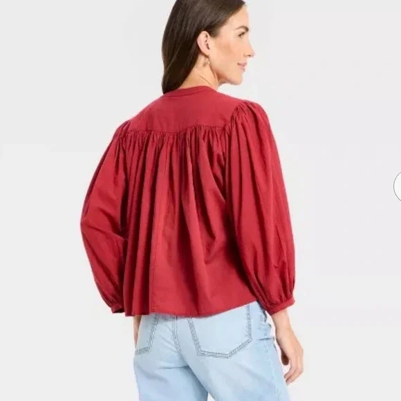 Puff Long Sleeve Banded Collar Neck Blouse Universal Thread Cottagecore XL NWT - Picture 3 of 13